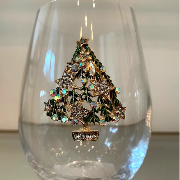 (2) Stemless Wine Glasses Jeweled Christmas Tree Green & Gold Holiday Glam NEW - Picture 3 of 16